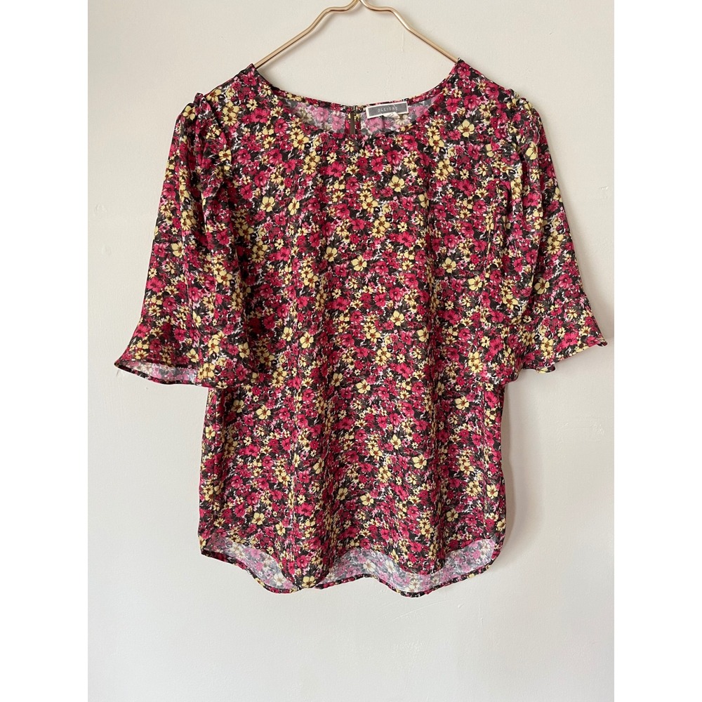 Pleione Floral Flutter Sleeve Blouse Pink Yellow Cottagecore casual Top Small